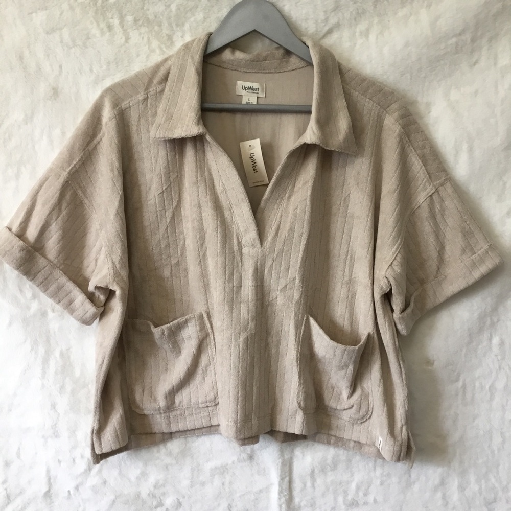 UpWest Beige Collared Half Button-Down Short-Sleeve Top